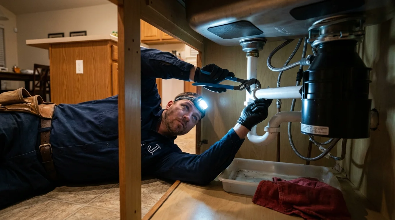 P-trap and supply line connections under a kitchen sink showing a common leak point in Everett, WA
